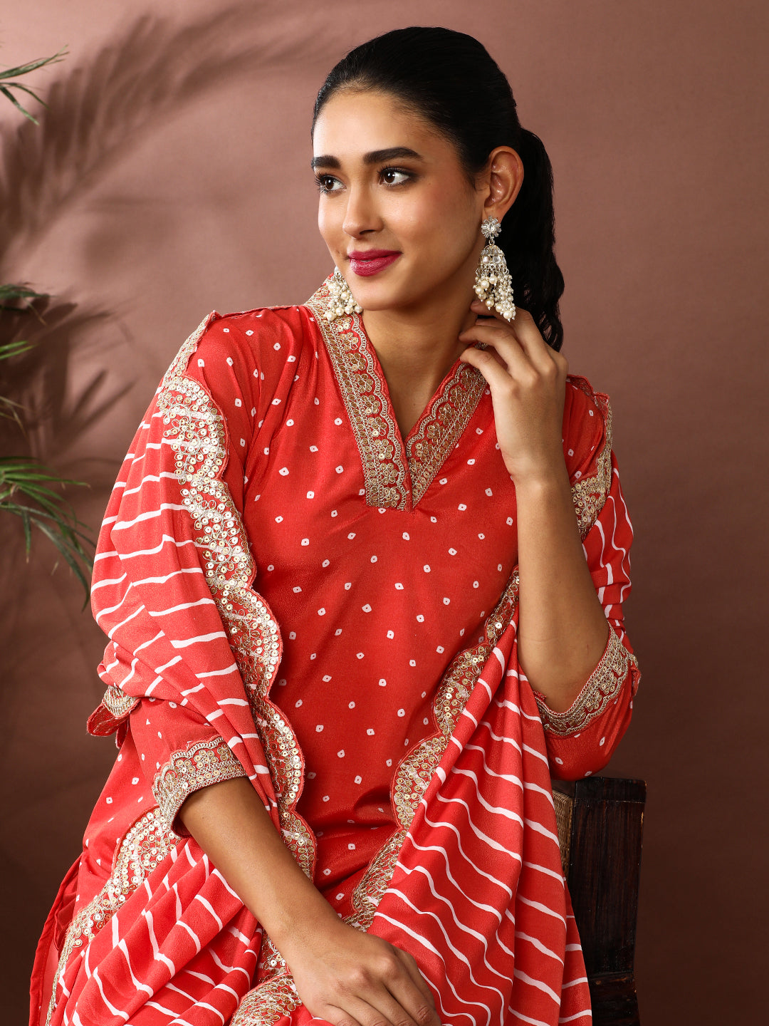 Bandhani Embroidered Chanderi Silk Kurta & Trousers Sets