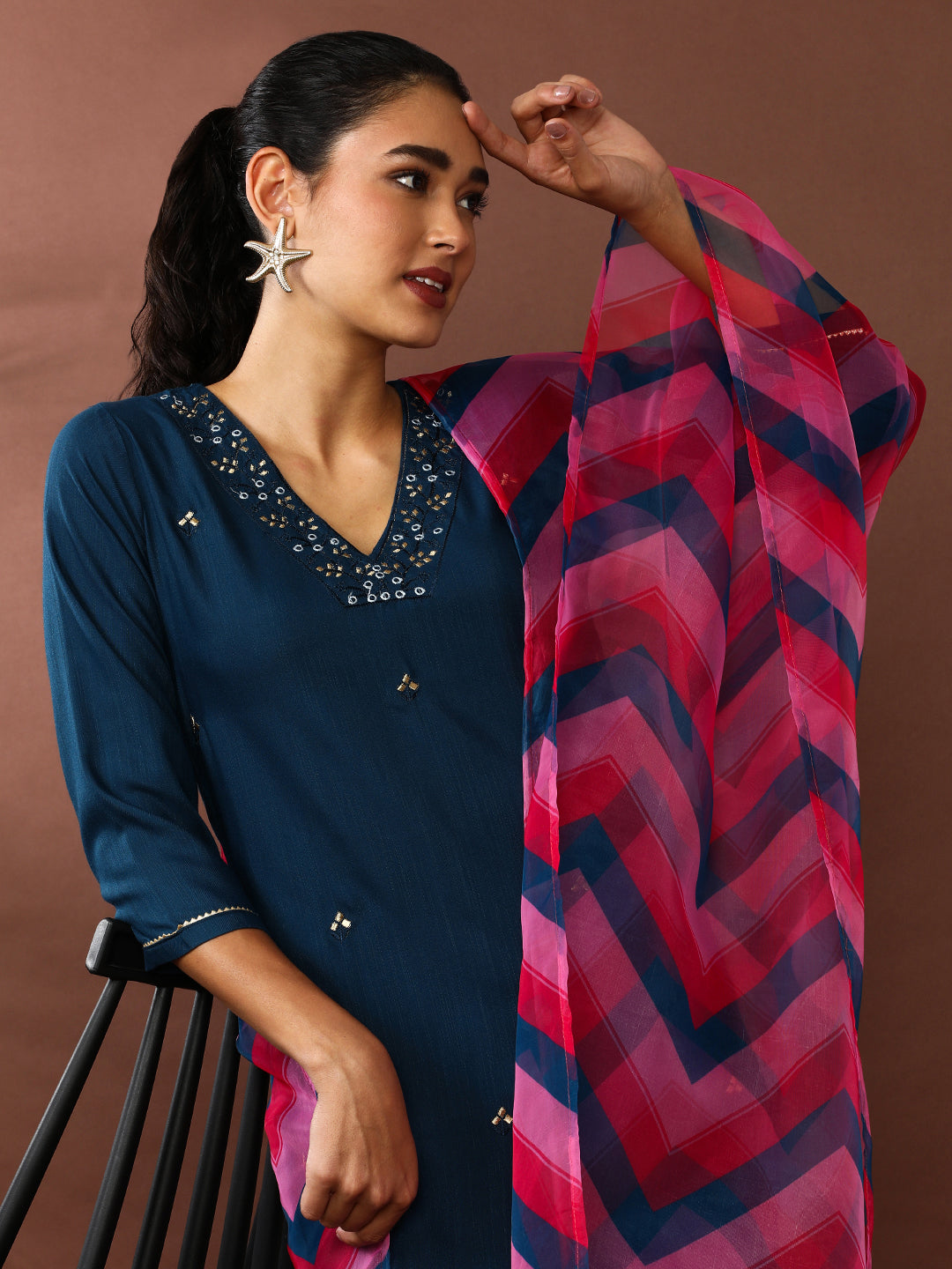 Solid Embroidered Kurta & Trousers Sets