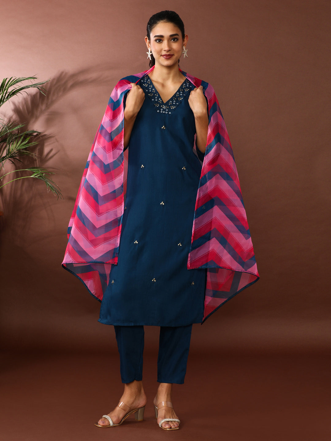 Solid Embroidered Kurta & Trousers Sets