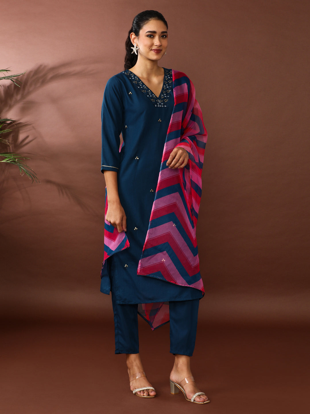 Solid Embroidered Kurta & Trousers Sets