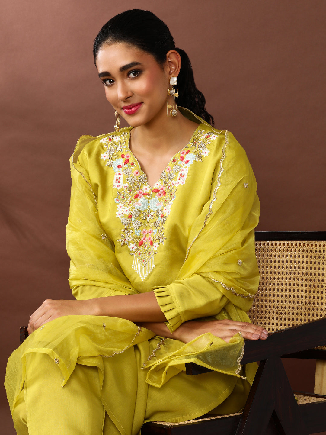 Solid Embroidered Chanderi Silk Kurta & Trousers Sets
