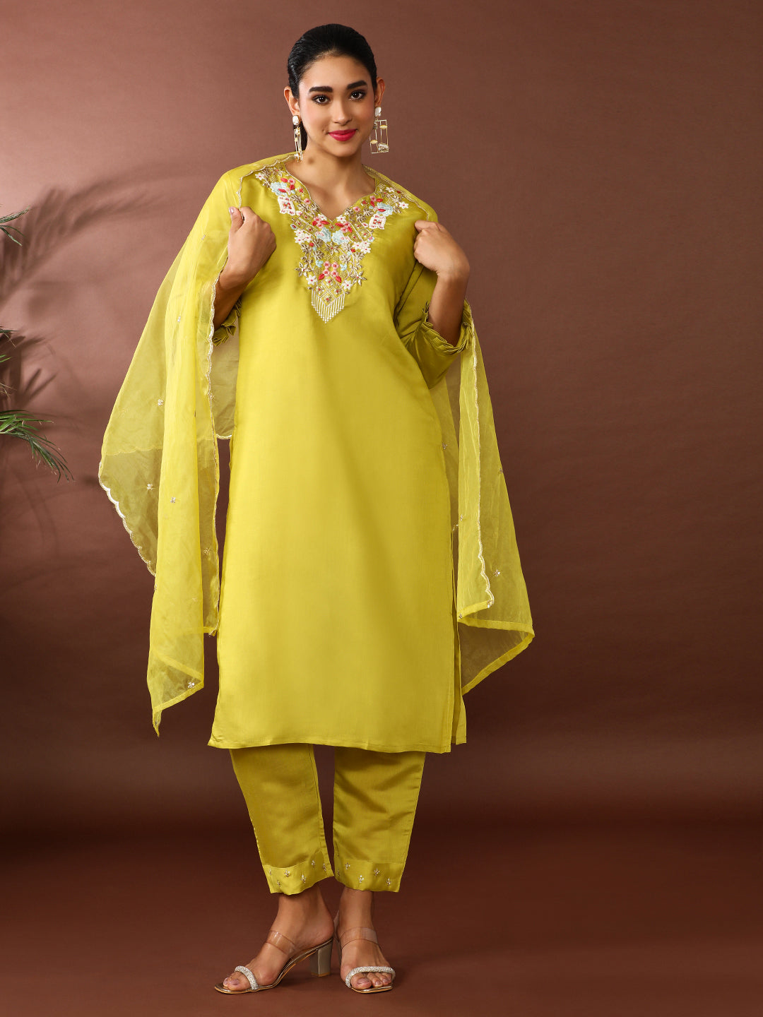Solid Embroidered Chanderi Silk Kurta & Trousers Sets