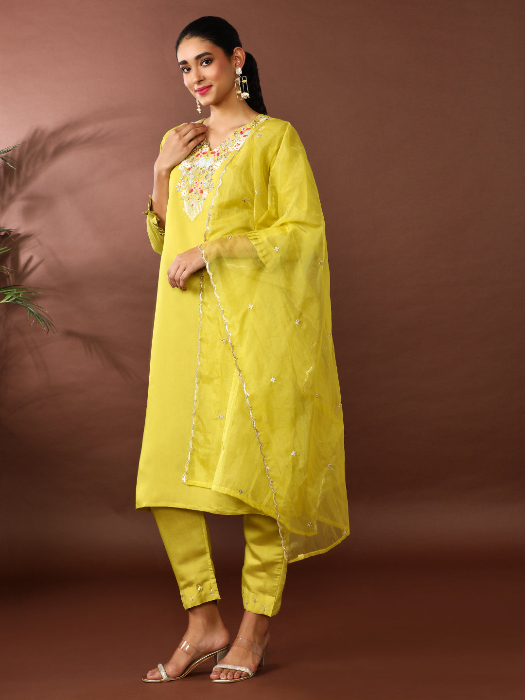 Solid Embroidered Chanderi Silk Kurta & Trousers Sets