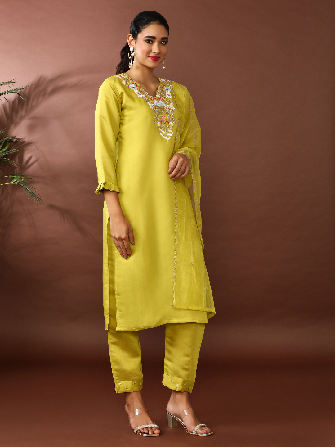 Solid Embroidered Chanderi Silk Kurta & Trousers Sets