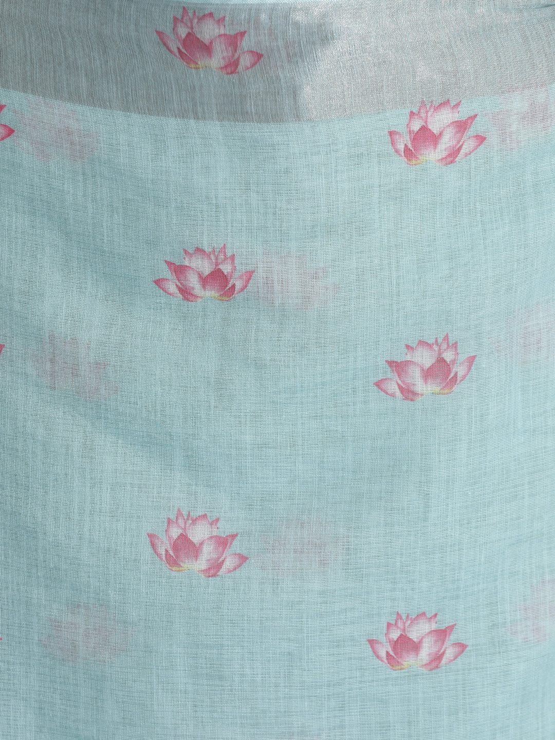 Sky Blue Pichwai Printed Daily Wear Pure Linen Saree