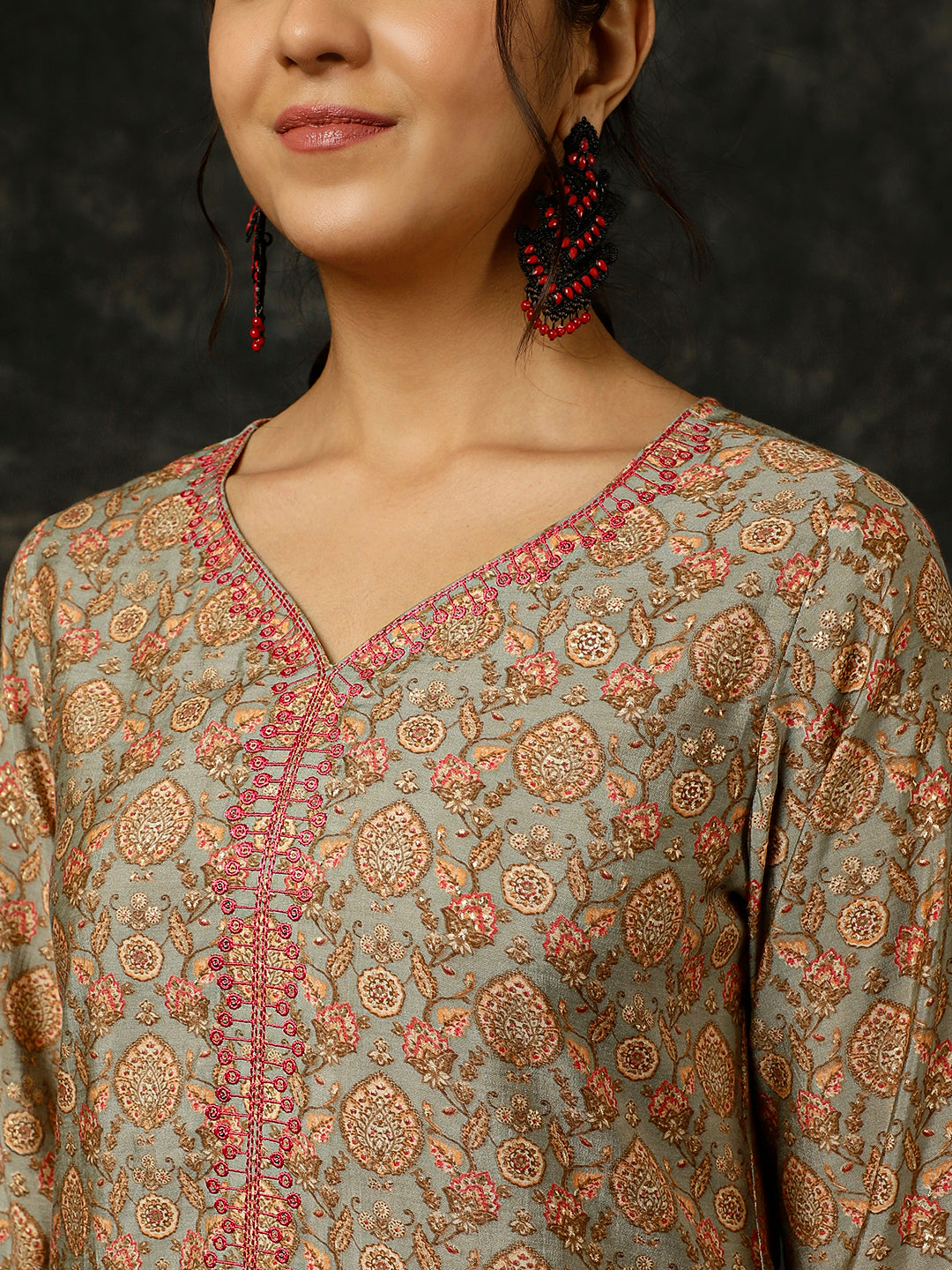 Grey Foil Printed Kurta With Pants And Dupatta