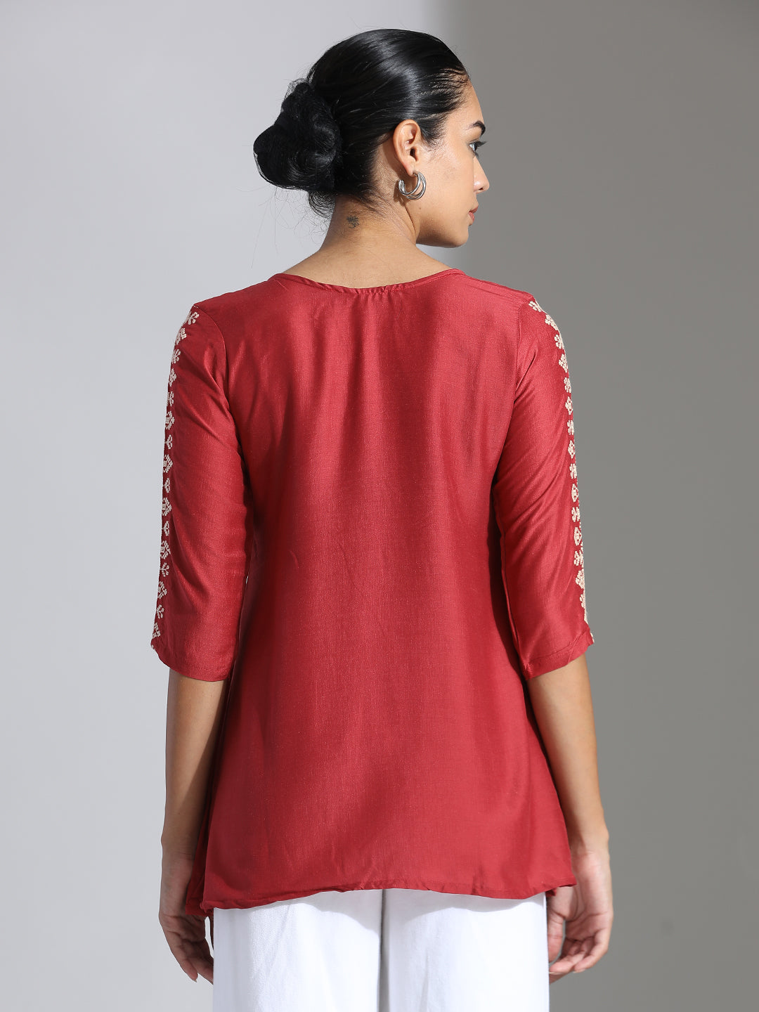 Rust Embroidered Party Wear Peplum Top