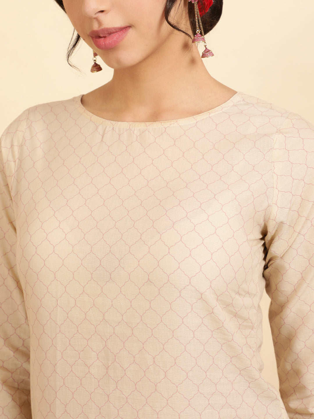 Mauve Ethnic Motif Guldasta Cotton Straight Kurta With Pants And Dupatta