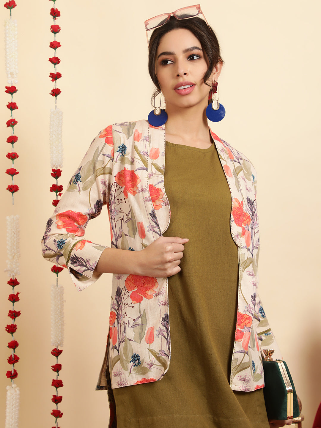 Olive Green Kurta And Palazzo With Shrug Co-ord Set