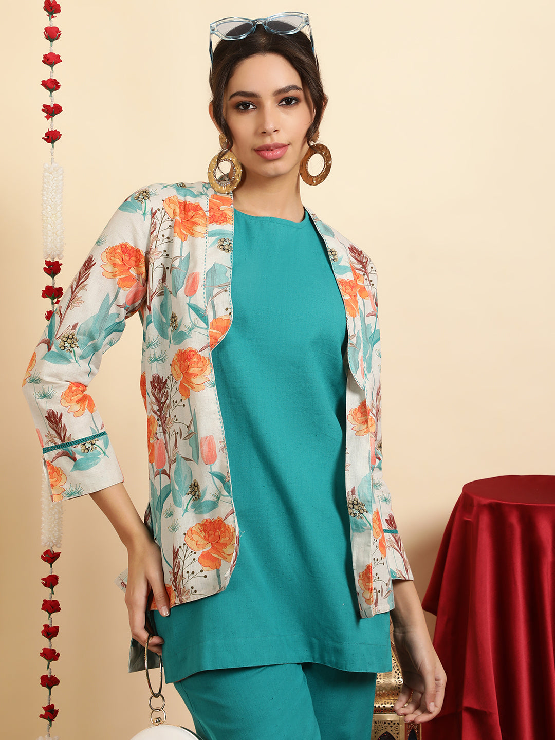 Turquoise Blue Kurta And Palazzo With Shrug Co-ord Set