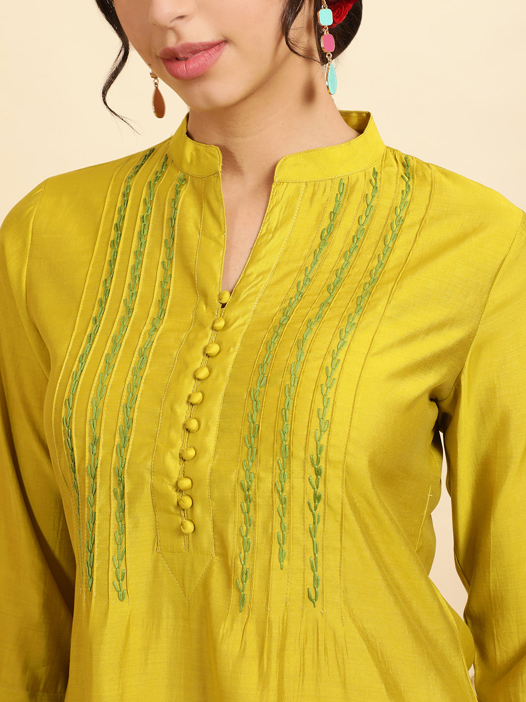 Embroidered Mustard Pintuck Straight Kurta