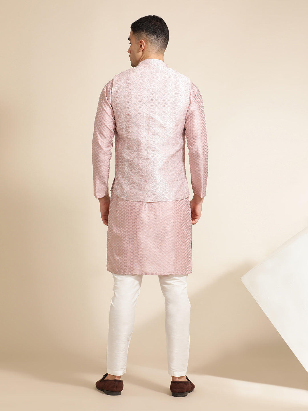 Pink Festive Kurta With Printed Nehru Jacket Set