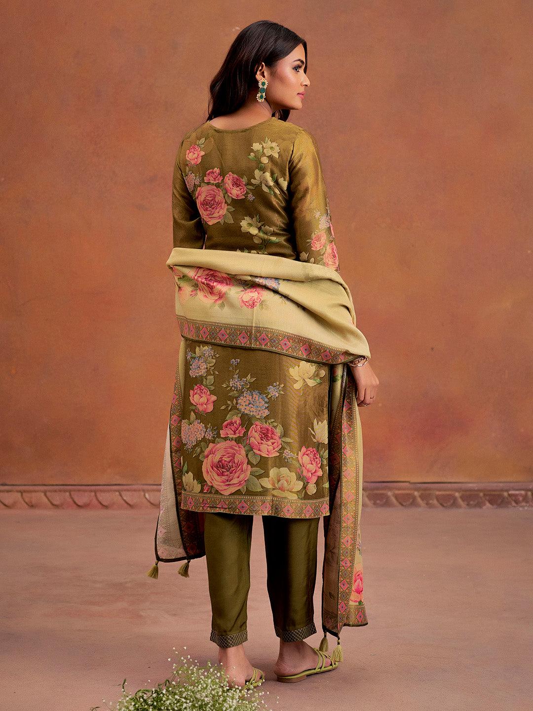 Mehendi Green Floral Printed Embroidered Kurta Set With Dupatta