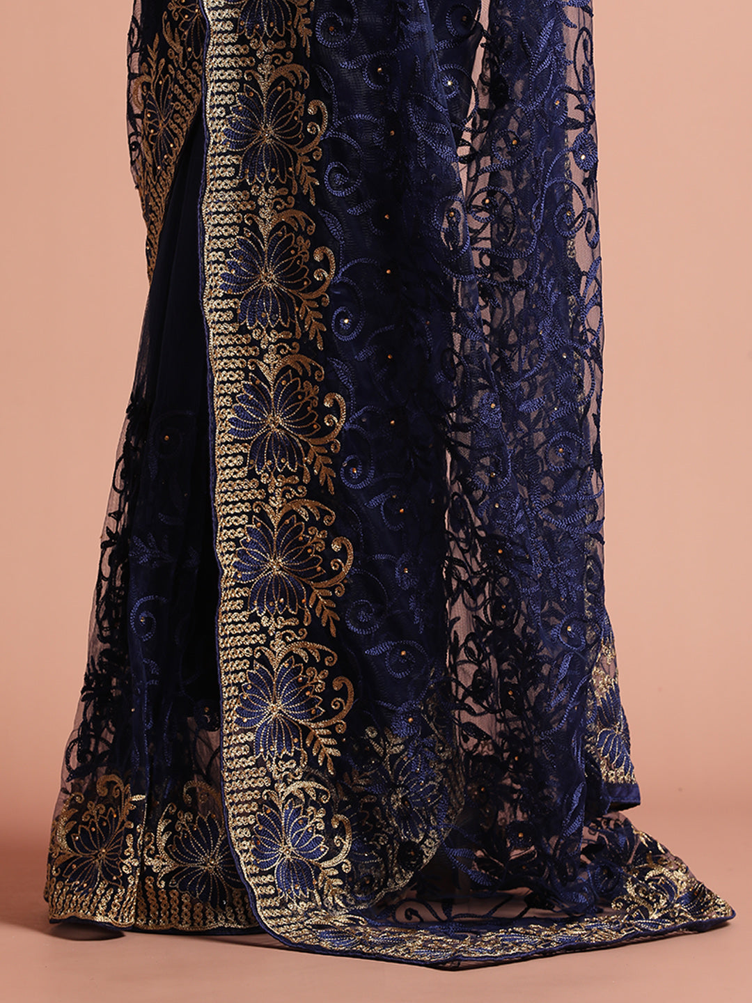 Navy Blue Heavy Floral Embroidered Net Party Wear Saree