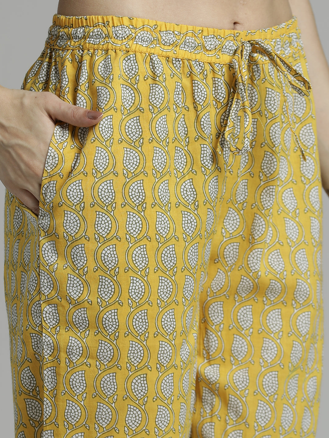 Yellow Ethnic Motif Cotton Kurta Set With Dupatta