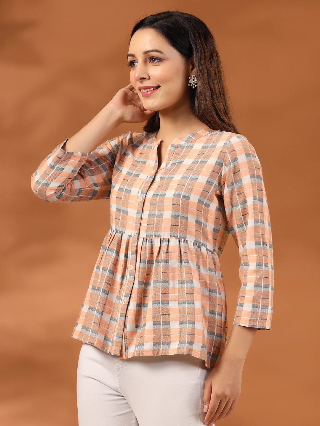 Peach And White Checks Cotton Gathered Shirt