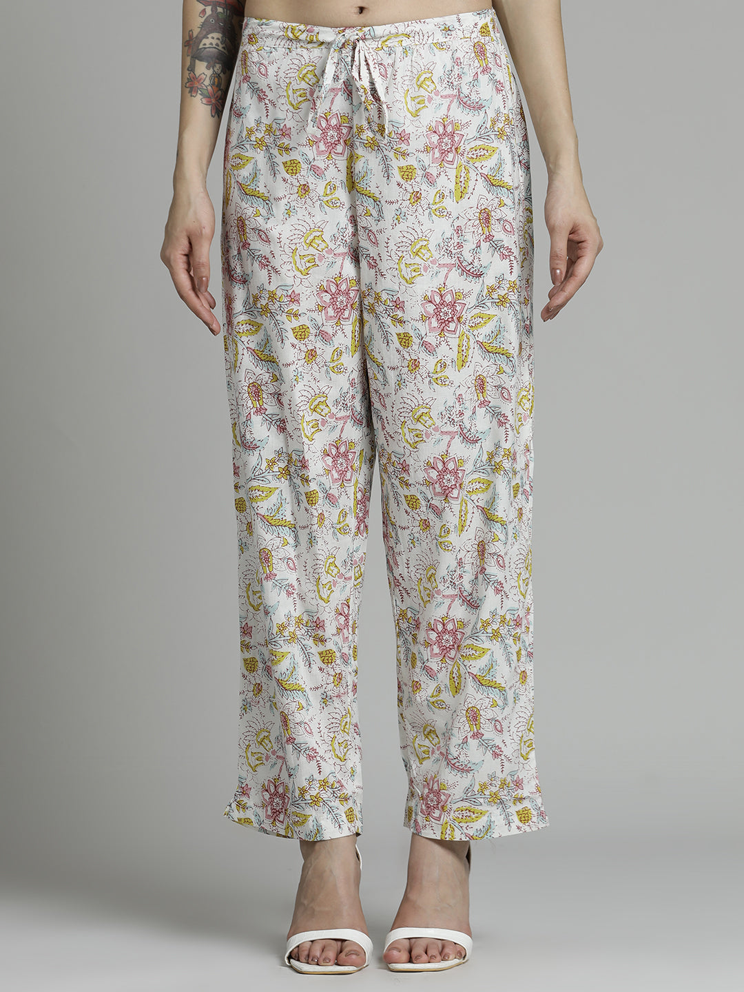 Off White Cream Floral Printed Cotton Suit Set