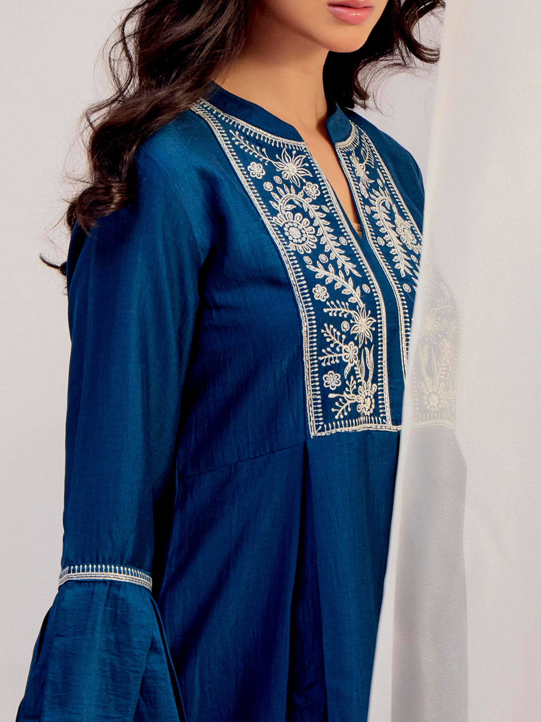 Teal Chinon Floral Embroidered Top With Trousers Co-ord Set