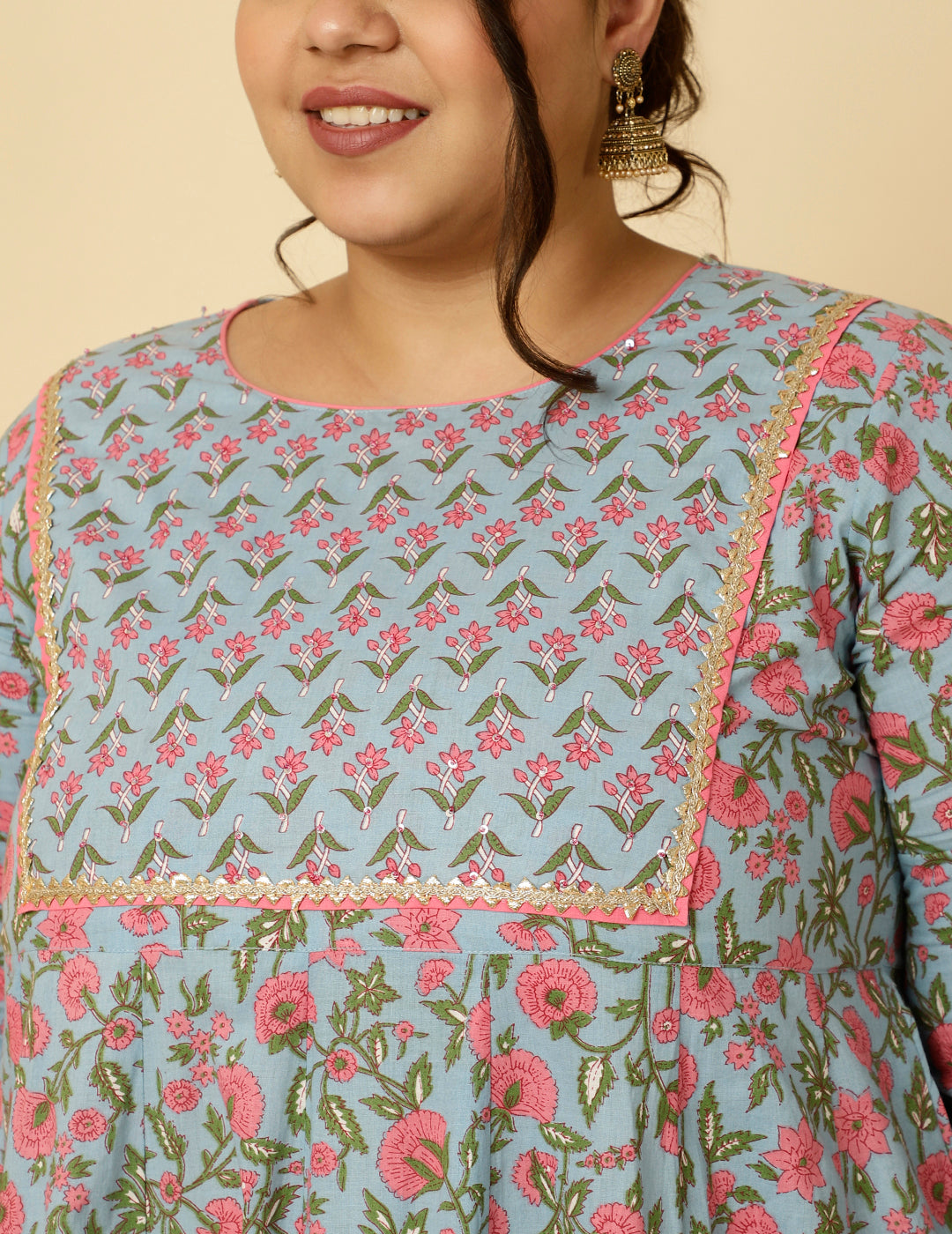 Plus Size Blue Ethnic Print Anarkali Kurta With Pants And Dupatta