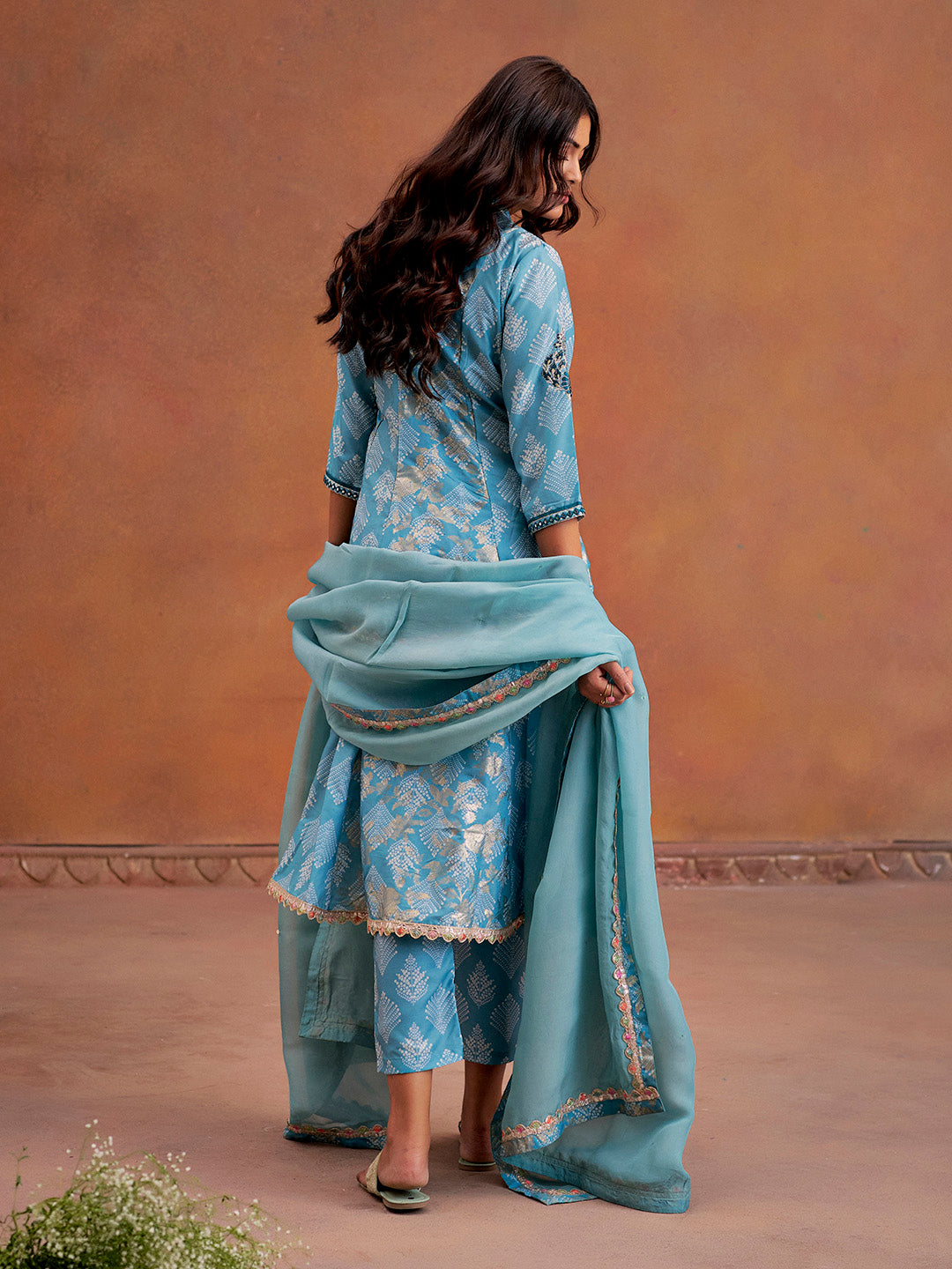 Blue Embroidered Bandhani Printed Festive Anarkali Kurta Set With Dupatta