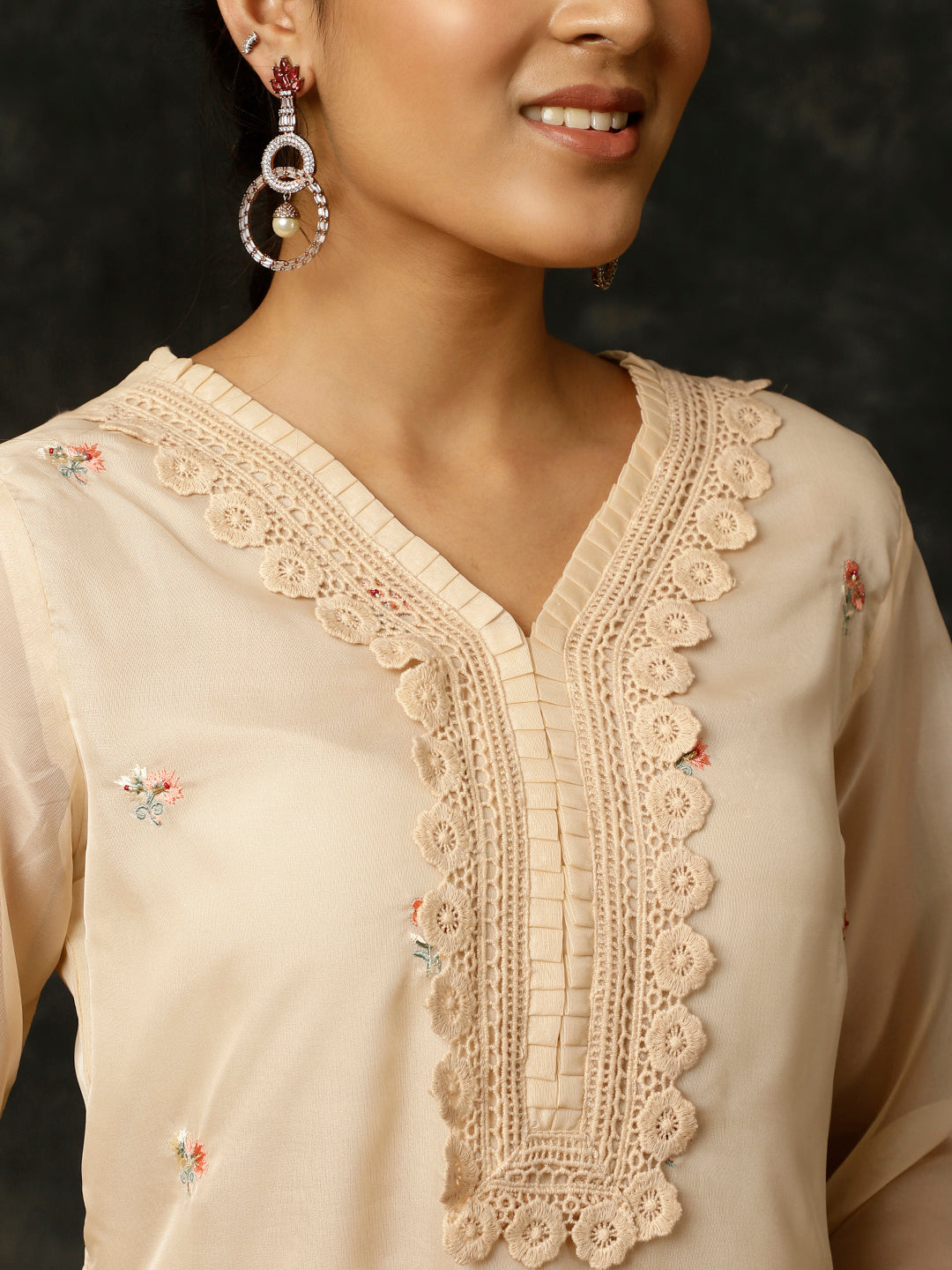 Cream Aari Work Art Silk Kurta With Pants And Dupatta