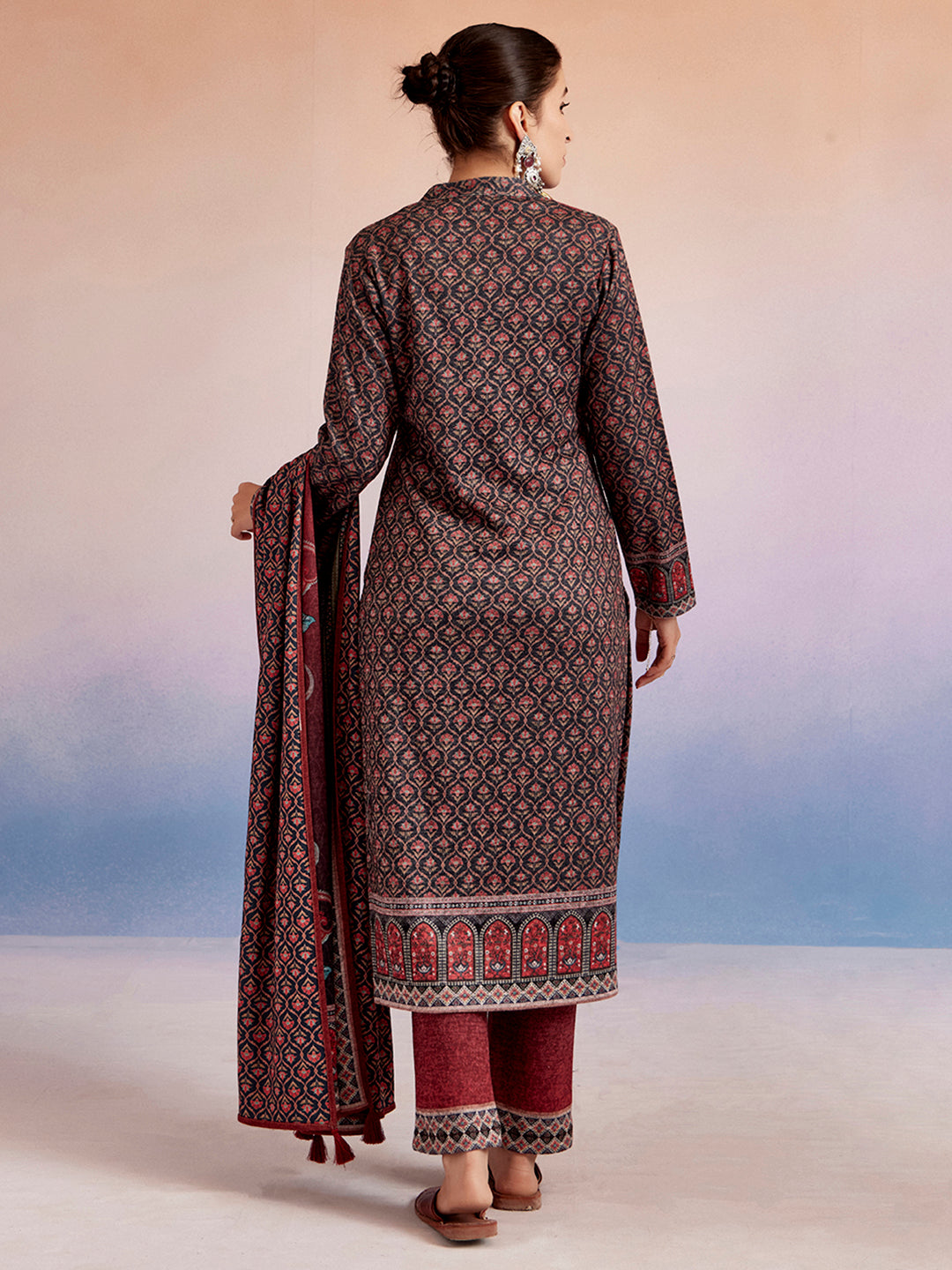 Rust Woolen Floral Printed Kurta Set With Dupatta