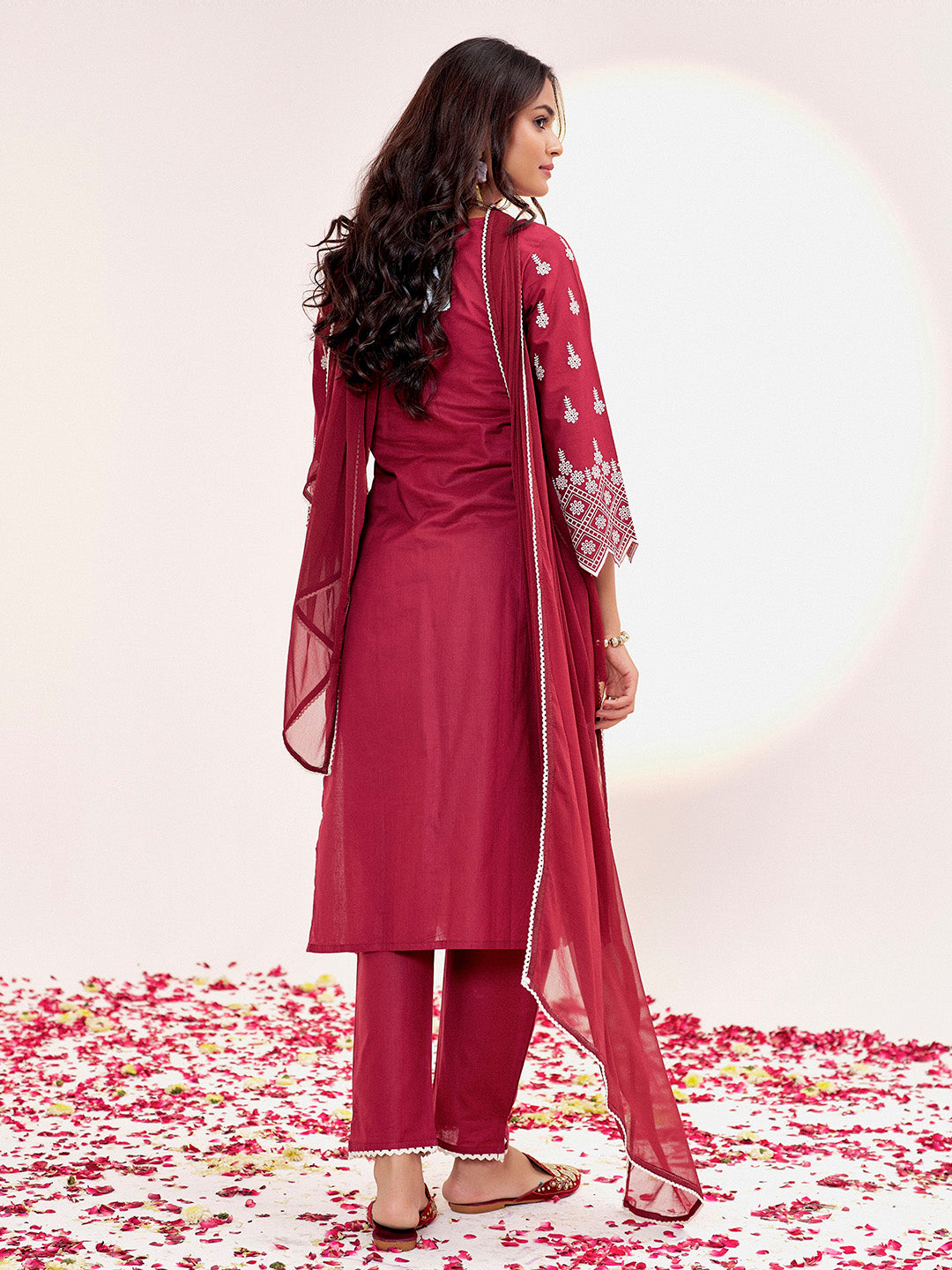 Maroon Embroidered Cotton Schiffli Kurta Set With Dupatta