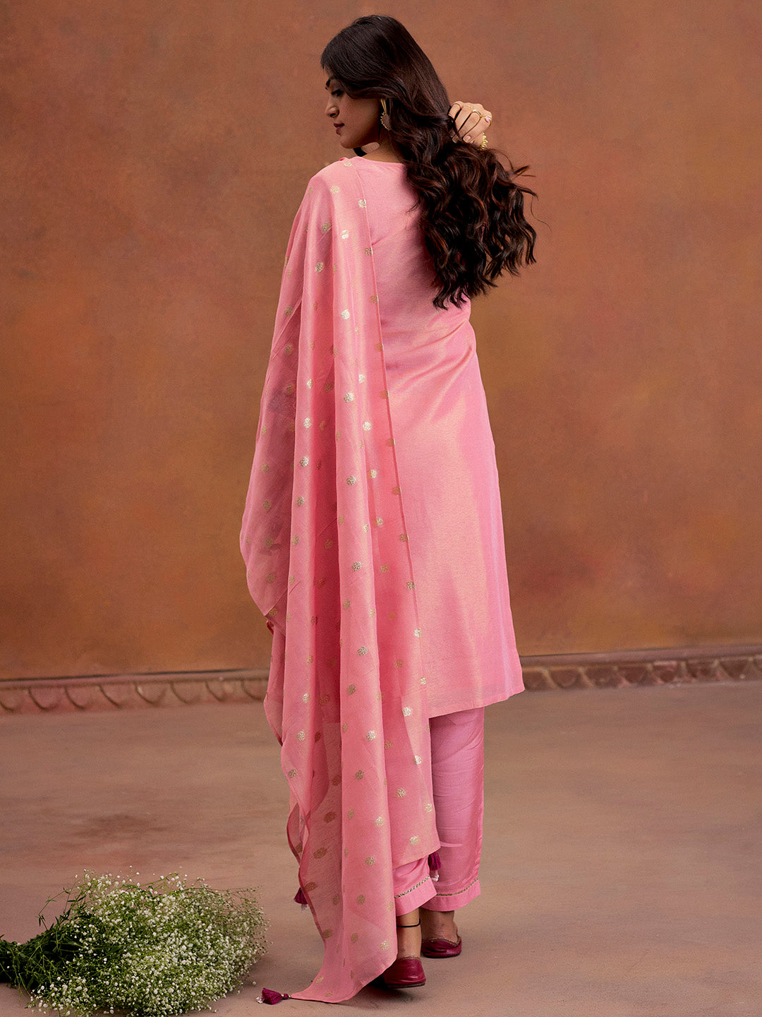 Pink Festive Zardozi Work Kurta Set With Dupatta