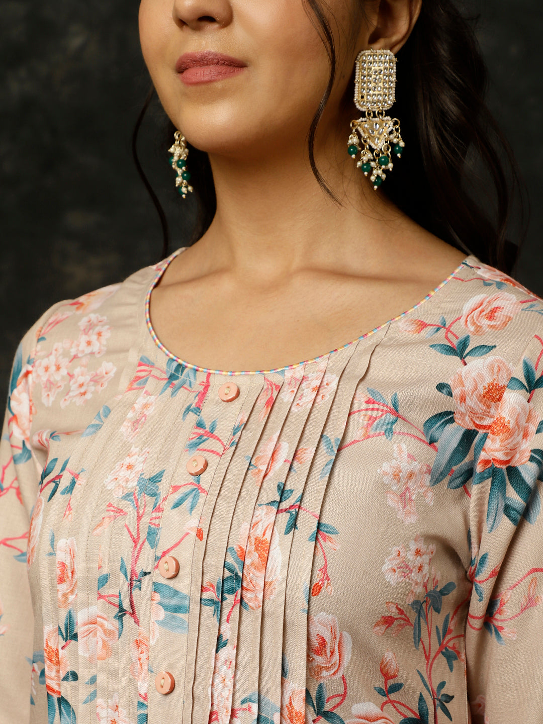 Embroidered Beige Rose Print Pleated Pakistani Kurta With Pants And Dupatta