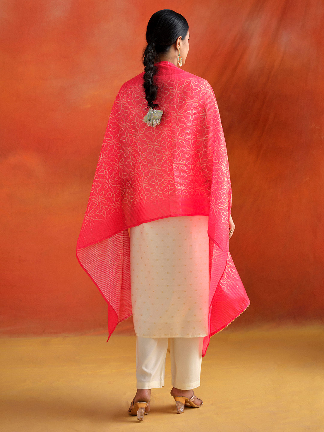 White Chanderi Jacquard Festive Kurta Set With Dupatta