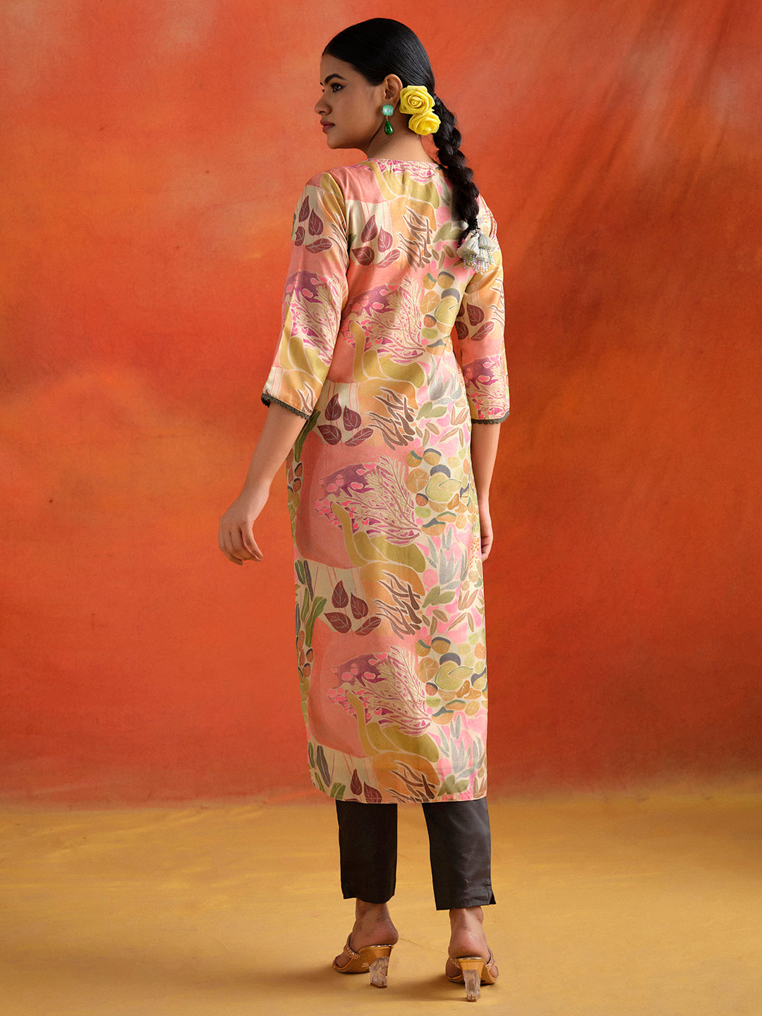 Peach Botanical Printed Embroidered Straight Kurta