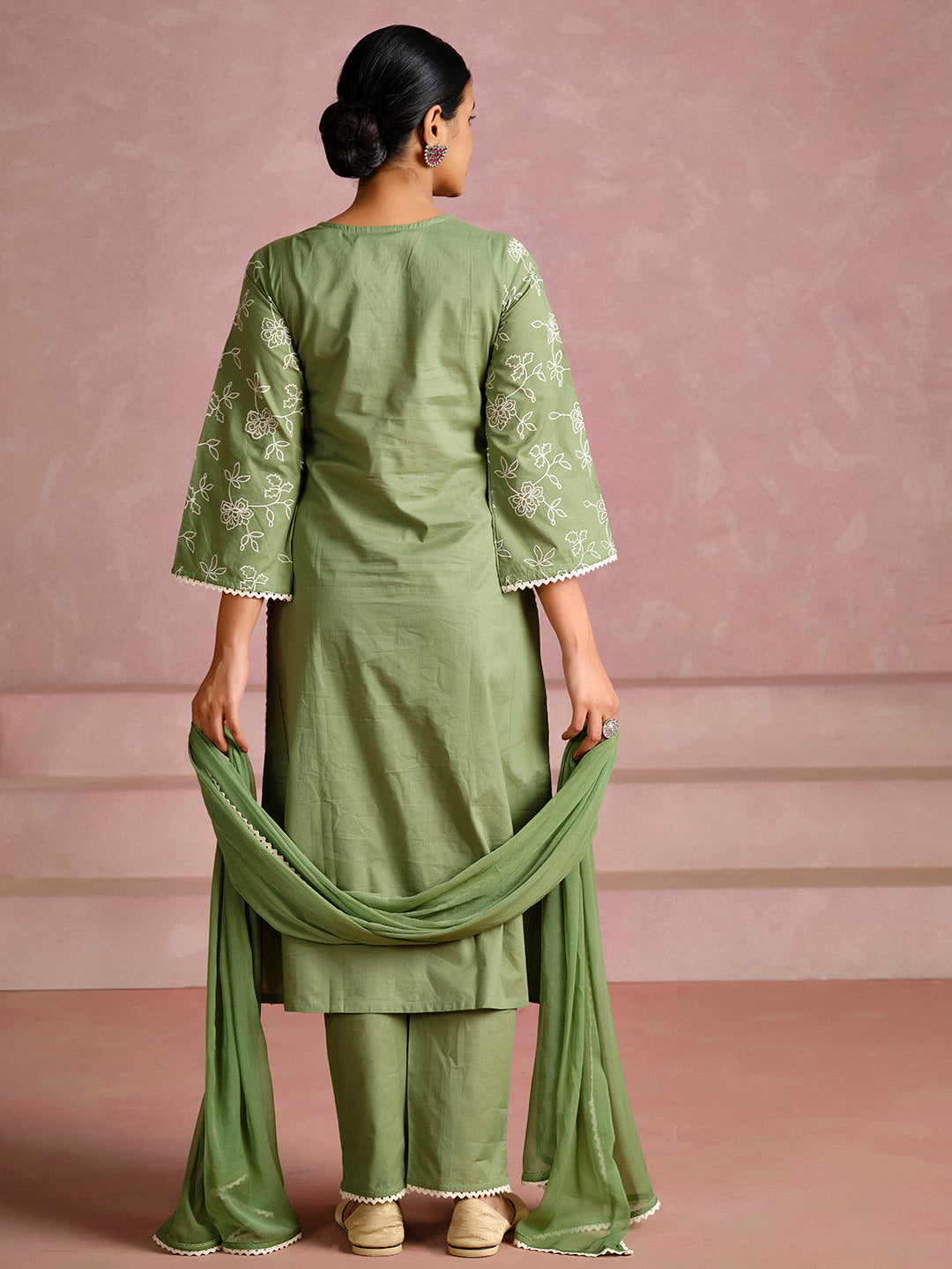 Green Floral Embroidered Cotton Kurta Set With Dupatta