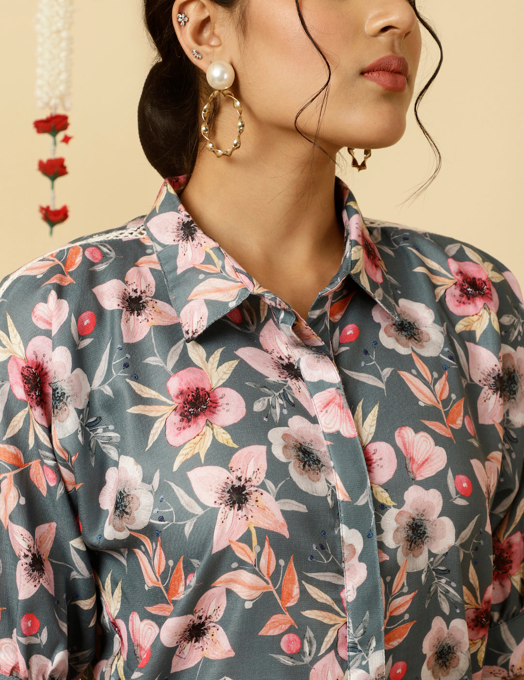 Grey Floral Print Shirt With Pants Co-ord Sets