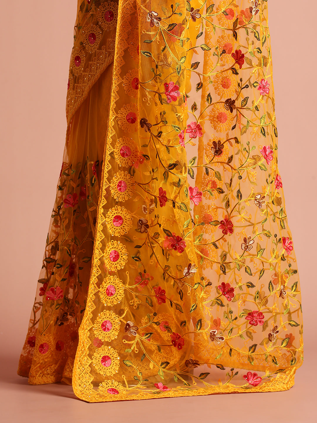 Mustard Party Wear Floral Embroidered Net Saree