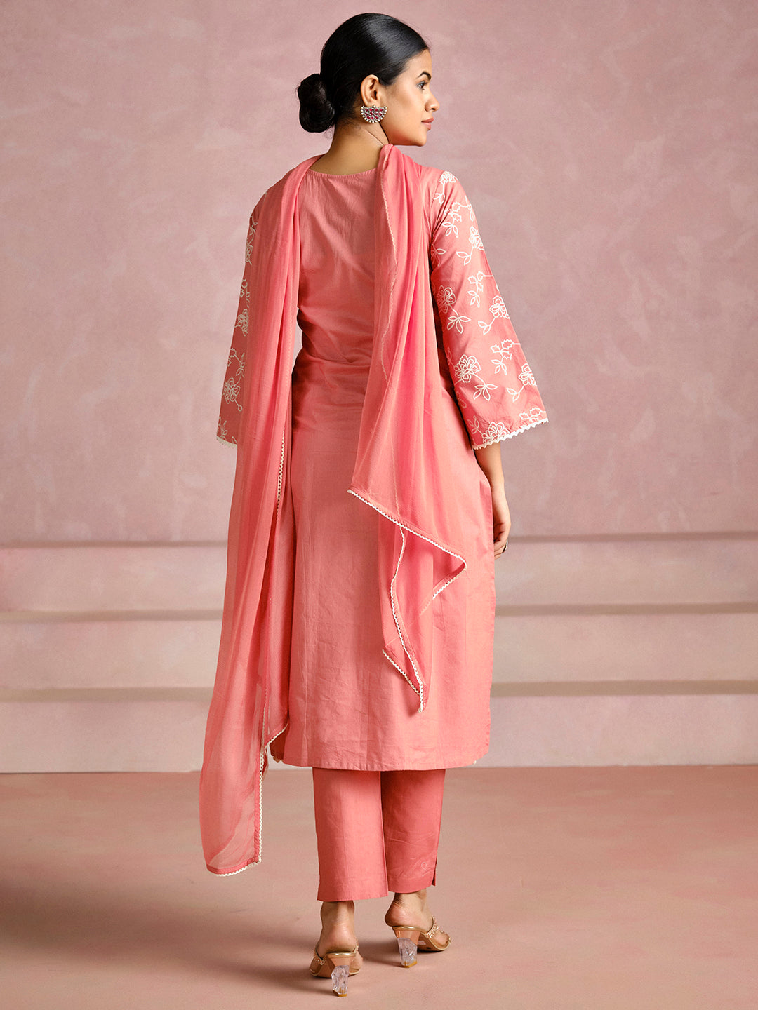Dull Peach Floral Embroidered Cotton Kurta Set With Dupatta