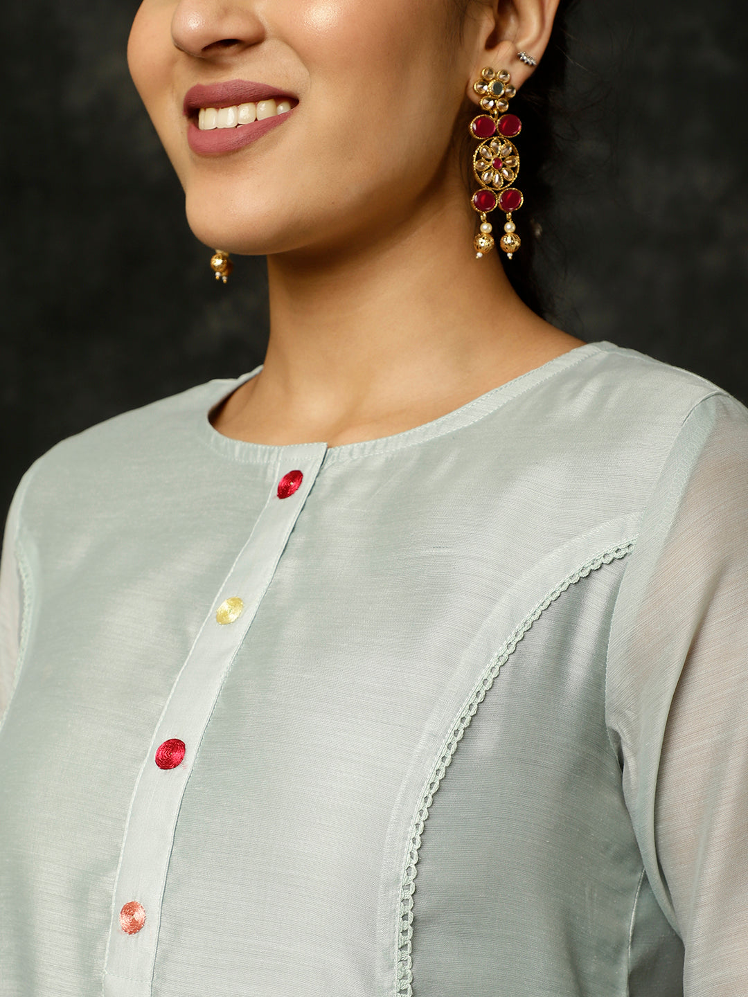 Blue Embroidered Art Silk Chanderi A-line Kurta With Pants And Dupatta