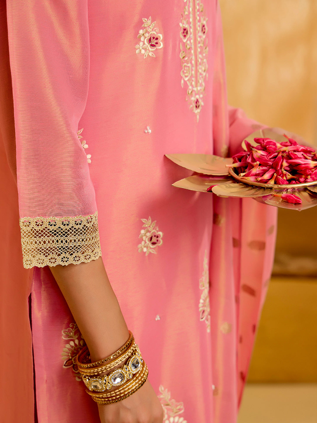 Pink Floral Zardozi Work Kurta Set With Dupatta