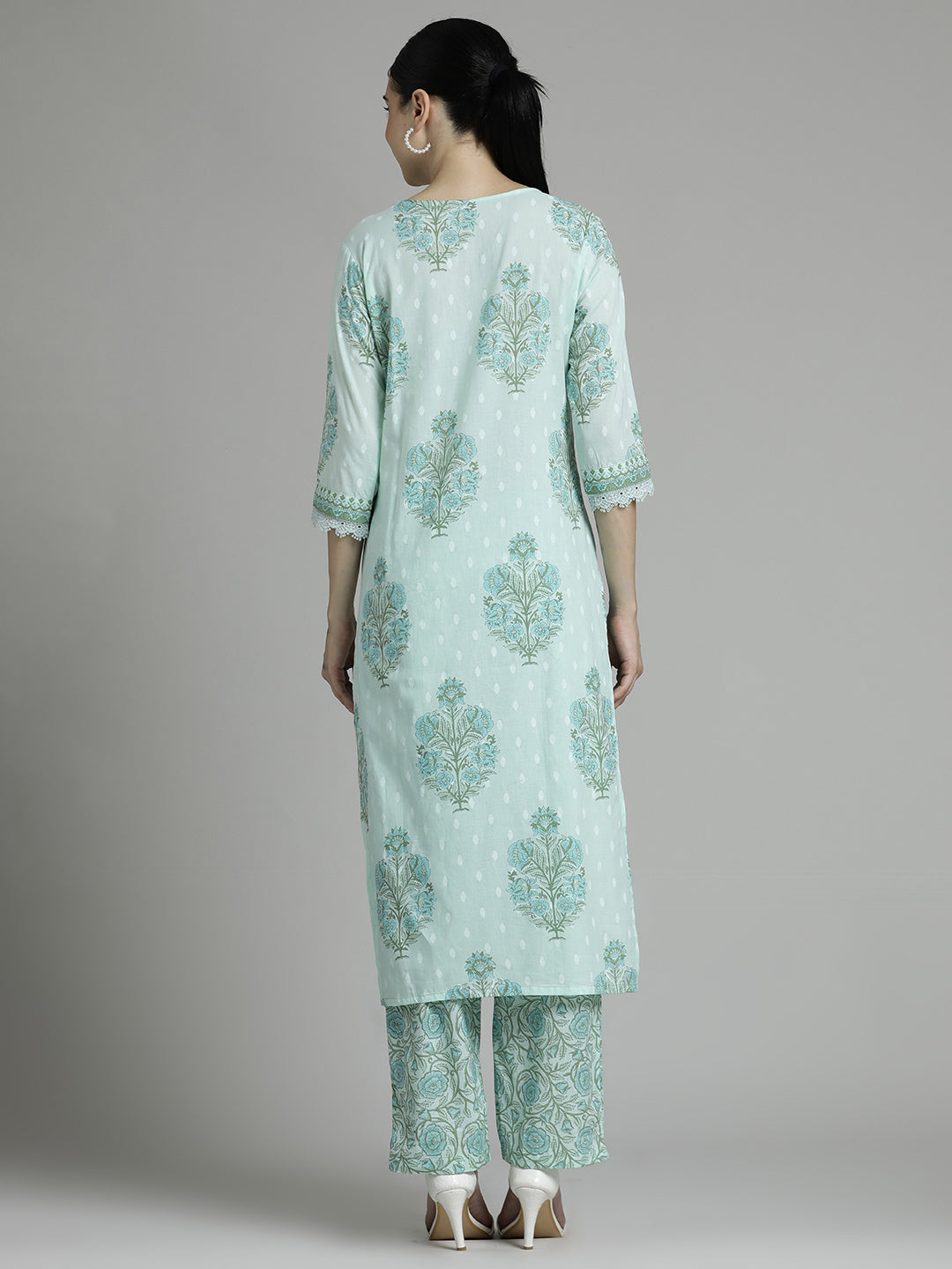Off White Green Floral Printed Cotton Suit Set