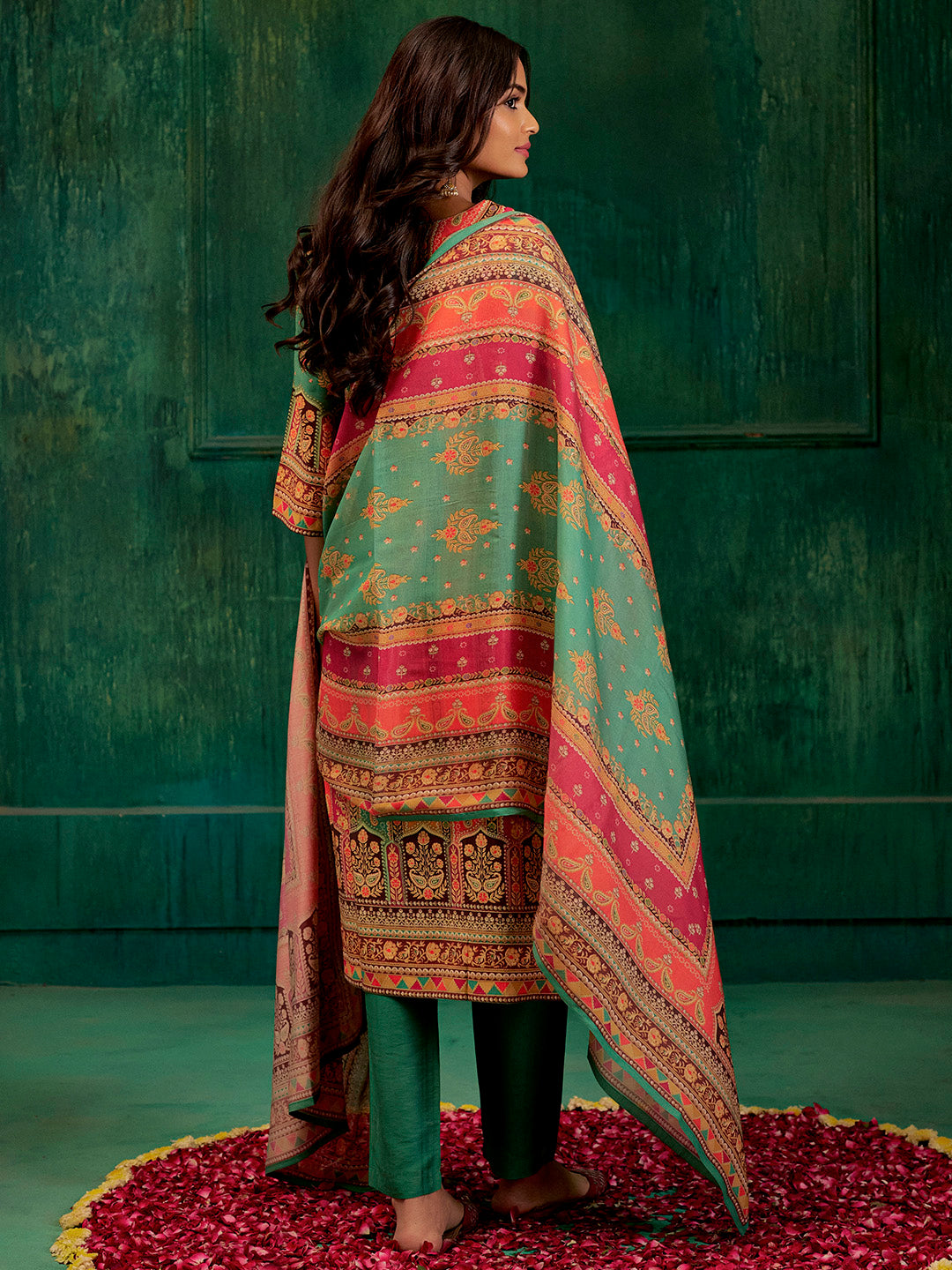 Sea Green Embellished Ethnic Printed Festive Kurta Set With Dupatta