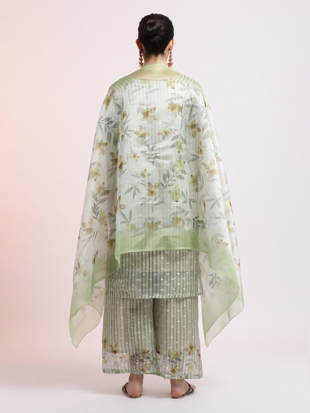 Green Woven Design Organza Kurta Set With Dupatta