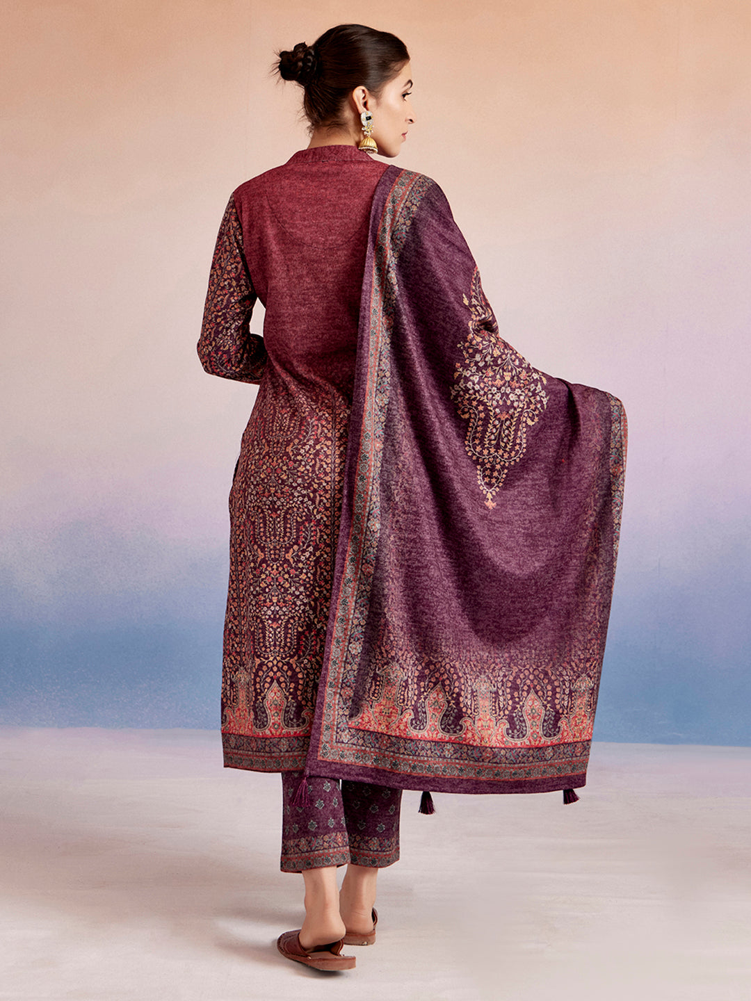 Pink Woolen Floral Printed Kurta Set With Dupatta