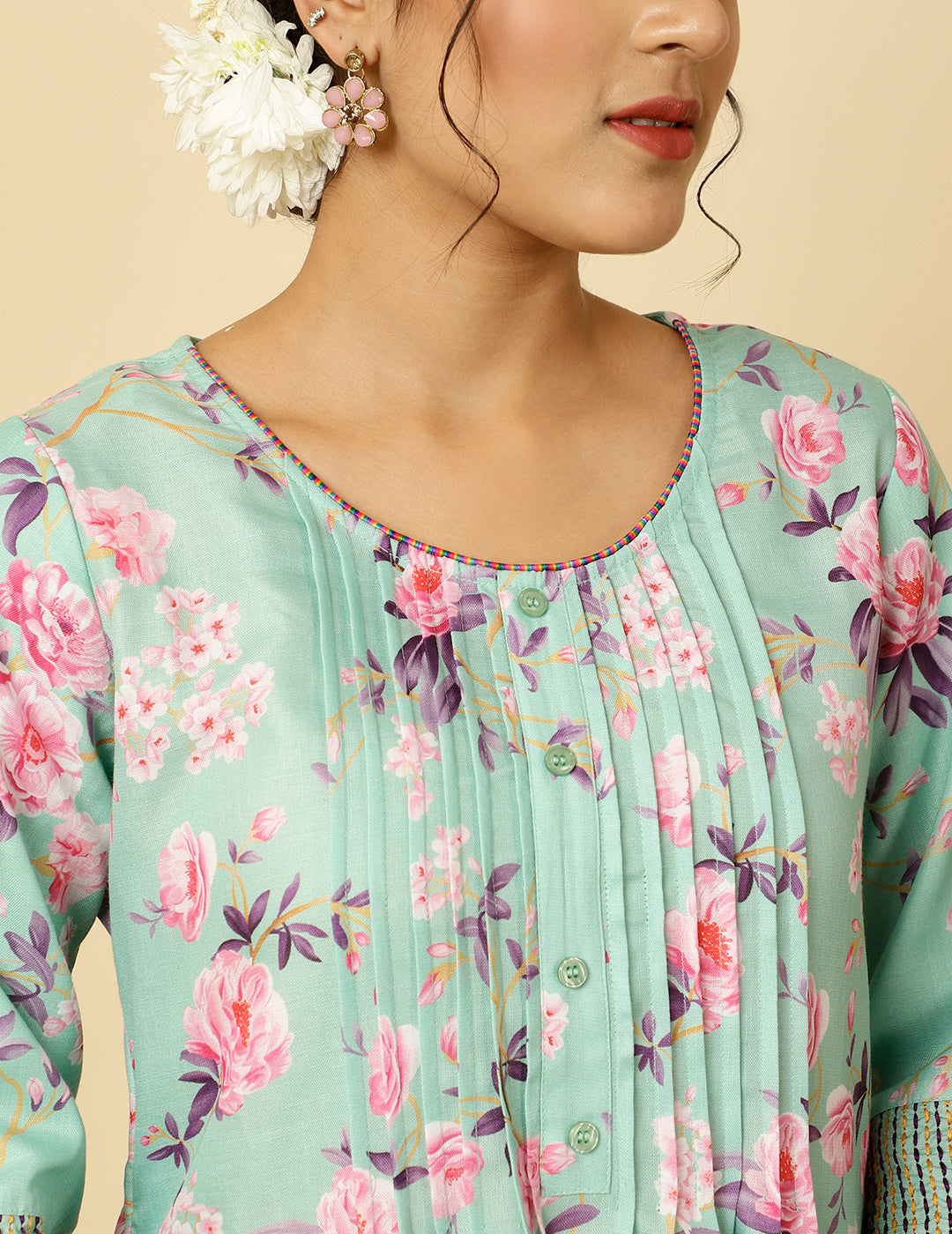 EMBROIDERED GREEN ROSE PRINT PLEATED PAKISTANI KURTA WITH PANTS AND DUPATTA