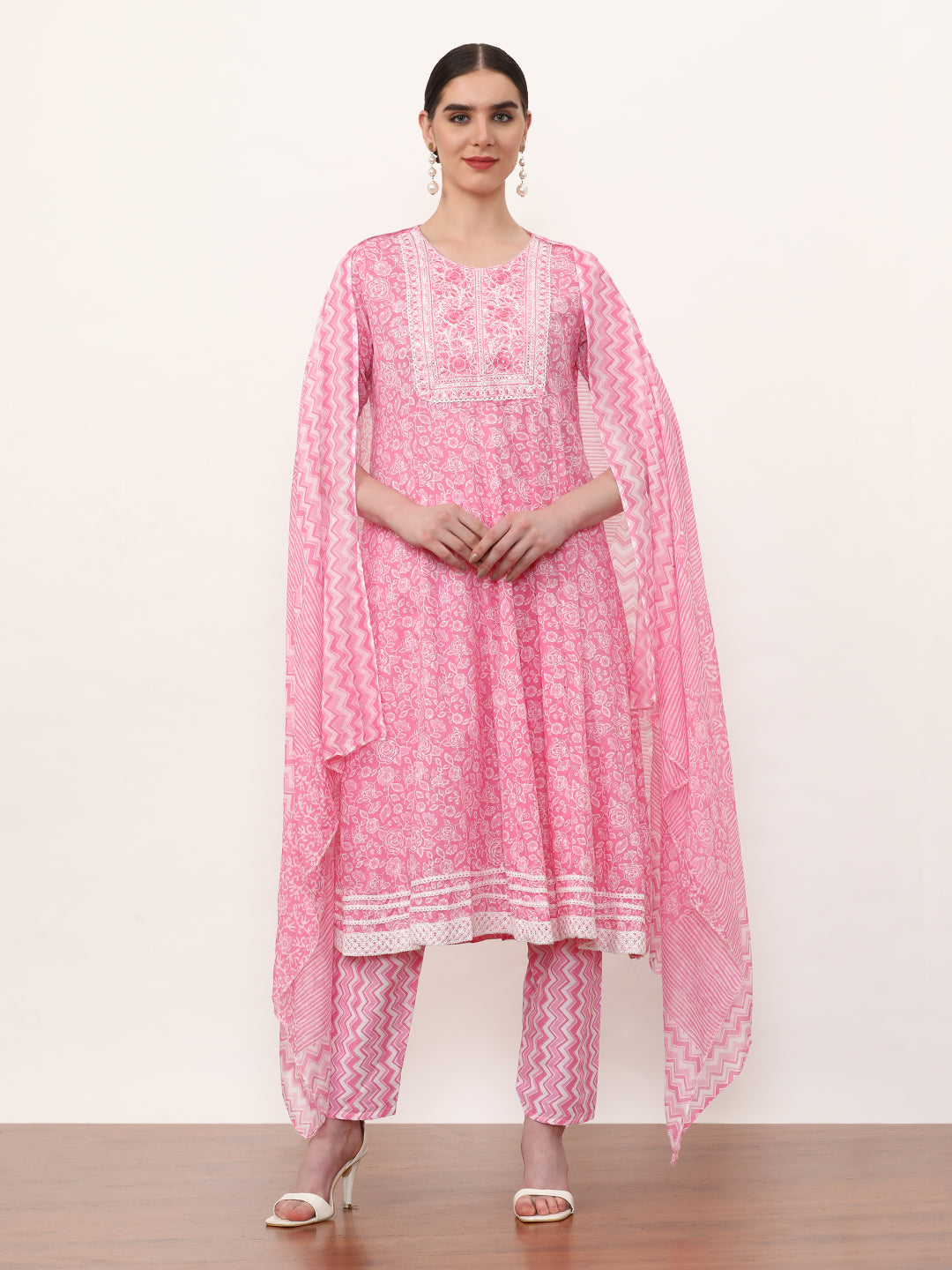 Embroidered Pure Cotton Floral Kurta Sets With Dupatta