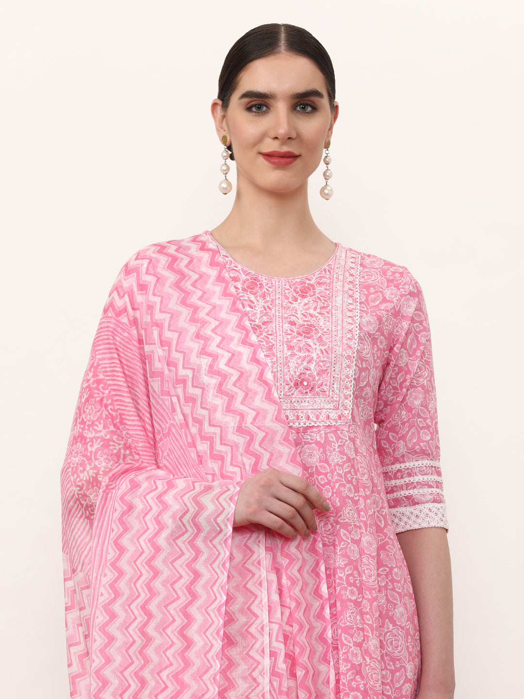 Embroidered Pure Cotton Floral Kurta Sets With Dupatta