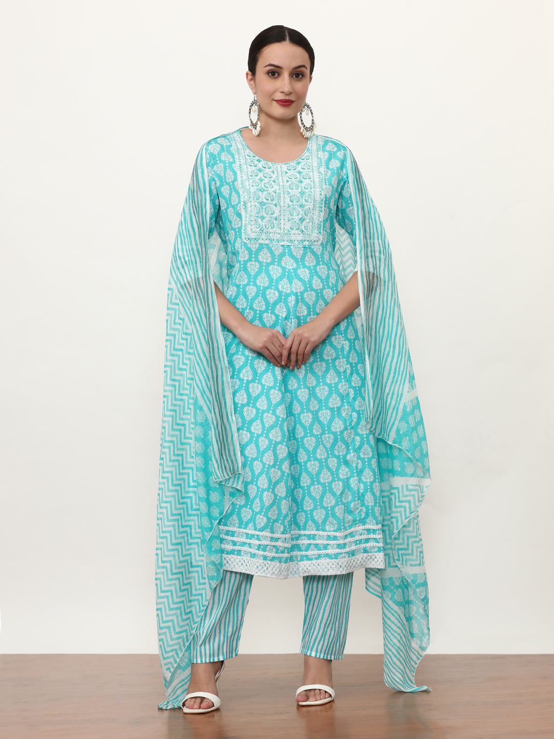 Embroidered Pure Cotton Colourblocked Kurta Sets With Dupatta
