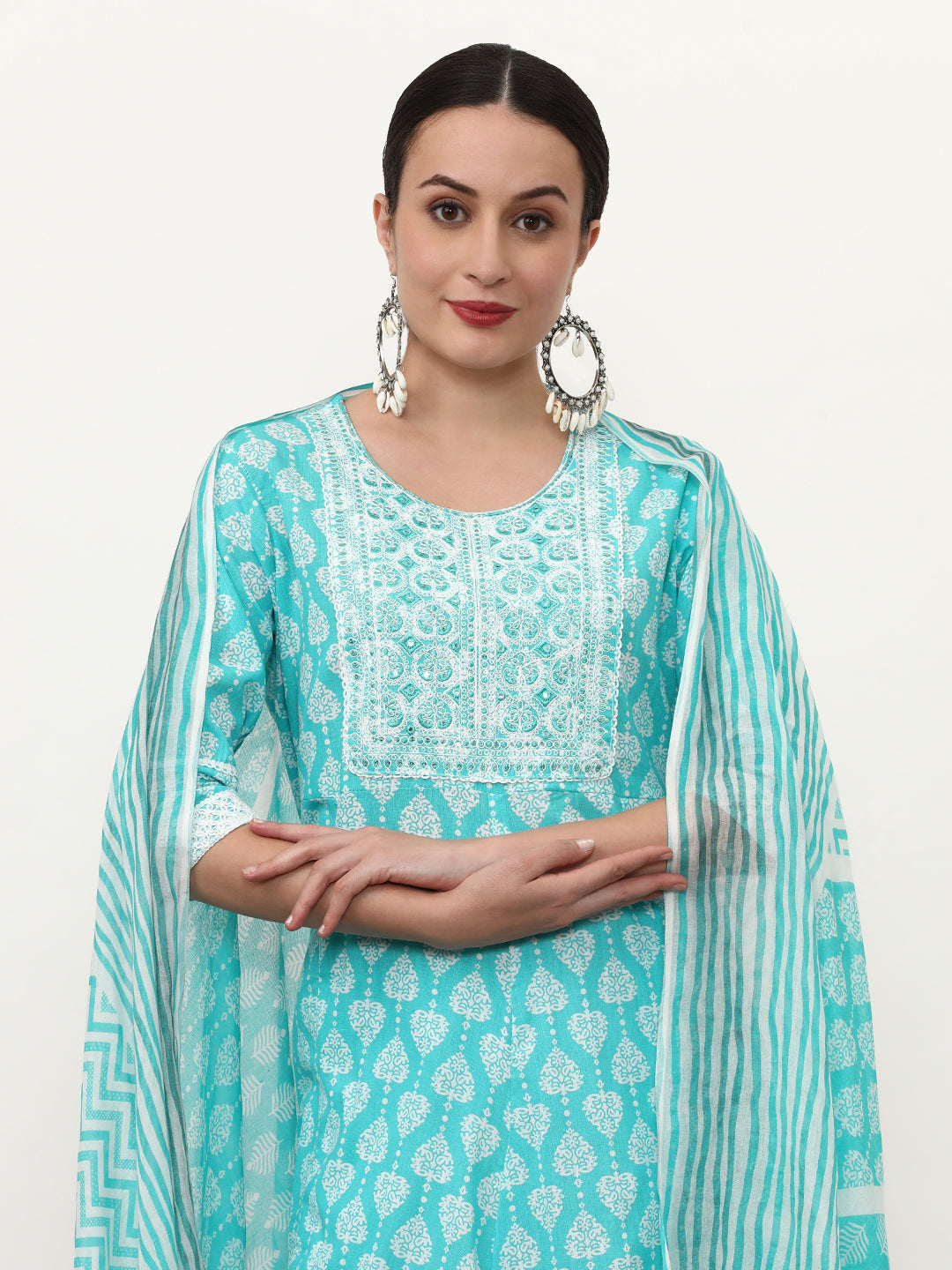 Embroidered Pure Cotton Colourblocked Kurta Sets With Dupatta