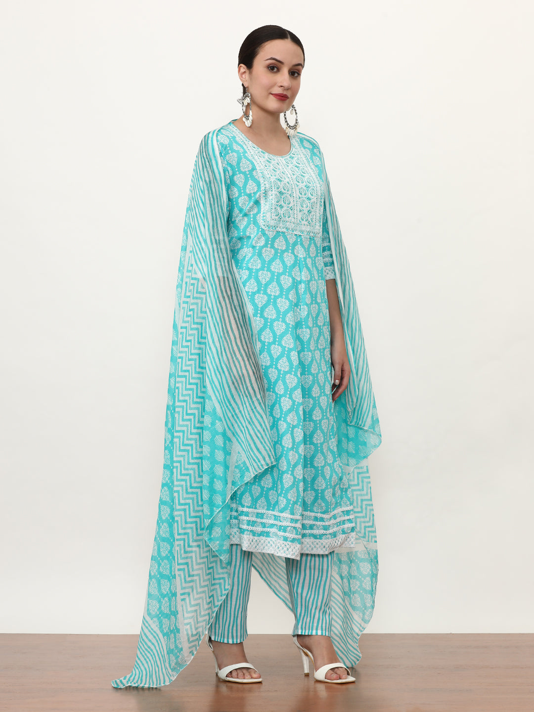 Embroidered Pure Cotton Colourblocked Kurta Sets With Dupatta