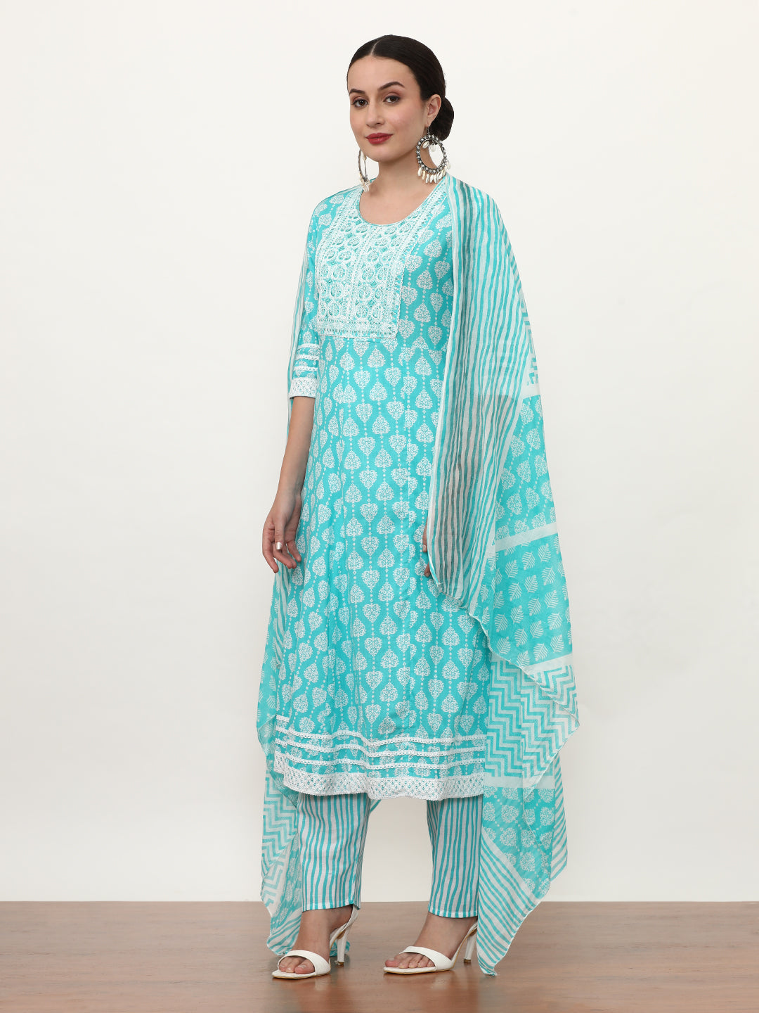 Embroidered Pure Cotton Colourblocked Kurta Sets With Dupatta