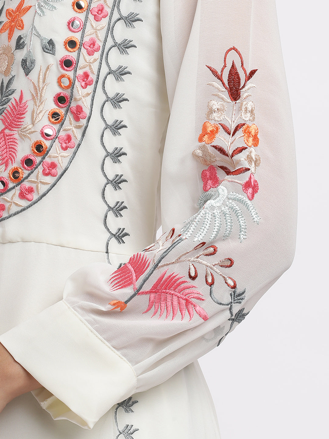 White Thread Embroidered Georgette Kurta Set With Dupatta