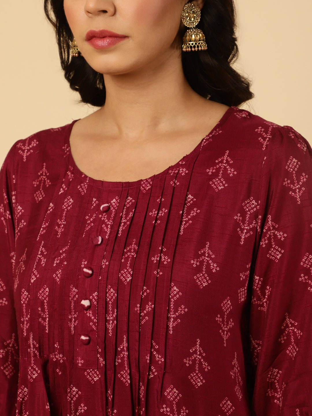 Wine Dola Silk Pleated Bandhani Kurta With Palazzo And Dupatta